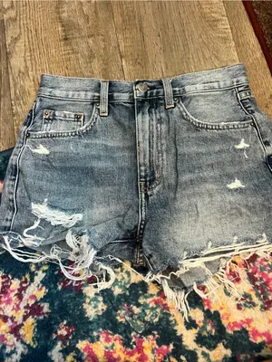 pistola medium blue distressed frayed denim shorts thumbnail 4
