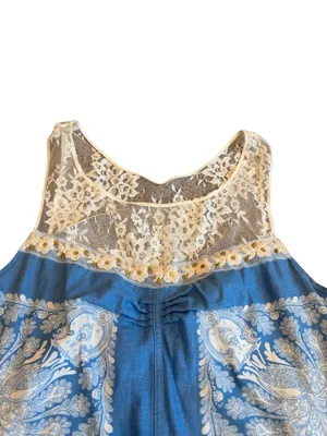 Free People Blue Ivory Paisley Lace Yoke Shift Dress Boho Mini Size 4 Women's thumbnail 6