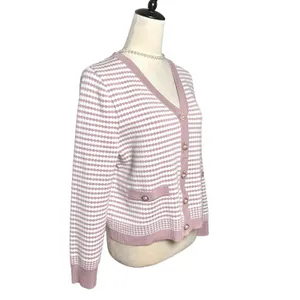 Adrianna Papell Mauve Ivory Pearl Button Striped Knit Preppy Cardigan Sweater thumbnail 3