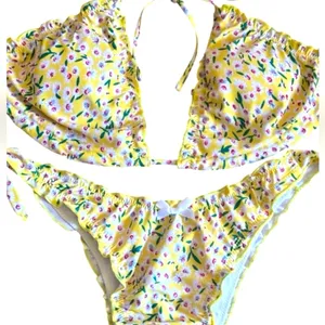 Yellow Womens Floral Bikini Set with Ruffle Details size Large thumbnail 2