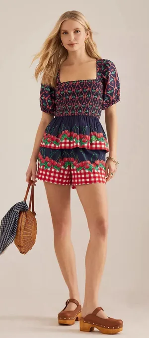 Damson Madder Allegra Cherry Pie Smocked Peplum Top UK 14 US 10 Puff Sleeve Tea thumbnail 1