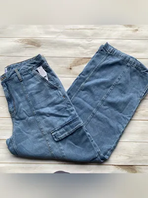 Time & Tru high rise wide leg cargo jeans light wash contour stitching NEW 12 thumbnail 4