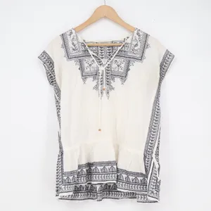 World Market White Navy Blue Embroidered Cotton Peasant Blouse Peplum Top S/M thumbnail 2