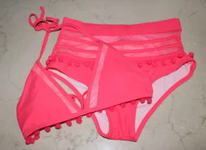 Hot pink triangle pom pom bikini two piece, high waisted bottoms thumbnail 3