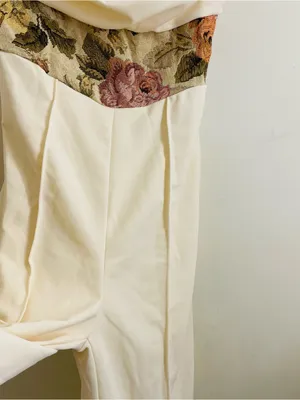 Floral Tapestry Waist Wide Leg Cream Jumpsuit Draped Neck Size M thumbnail 6