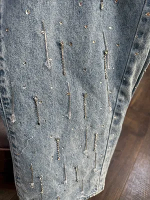 100% Cotton Denim Jeans with Rhinestone Embellishments Light Acid Wash thumbnail 3