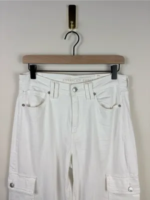 American Eagle Baggy Wide Leg Cargo Jeans White Women’s 6 X-Long Stretch New thumbnail 4