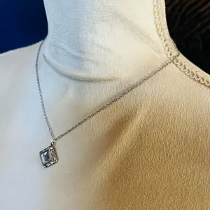 Handmade Handcrafted vintage emerald cut halo clear glass stone pendant on chain necklace thumbnail 4