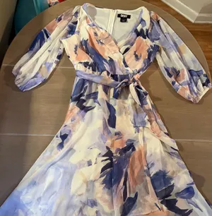DKNY Lavender & Peach Floral Wrap Midi Dress thumbnail 1