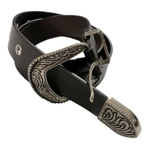 Black Leather Western Engraved Silver Buckle Belt | Size 27 | Boho Cowgirl thumbnail 5