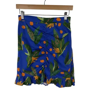 NWT Farm Rio Anthropologie Ruched Mini Skirt Small Blue Tropical‎ Fruit Vacation thumbnail 2