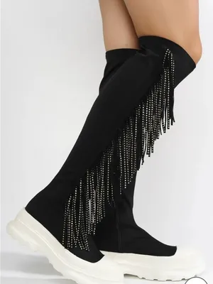 Cape Robbin ARETHA - BLACK THIGH HIGH BOOTS with Multicolor Beaded Fringe thumbnail 1