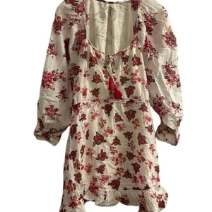 Free People Camella Mini Dress M Ivory and Pink Floral Bohemian 3/4‎ Sleeve thumbnail 11