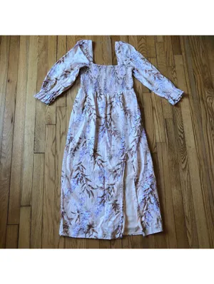 House of Harlow EUC Women's 1960 Linen Smocked Pink Palm Midi Dress Size S thumbnail 2