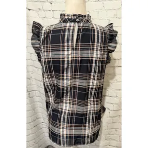 Loft Women's Black Orange & White Plaid Flutter Sleeve Ruffle Top Size Small thumbnail 4
