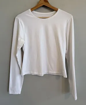 Quince Organic Cotton Long Sleeve White Crop T Shirt Size L Crewneck Minimalist thumbnail 1