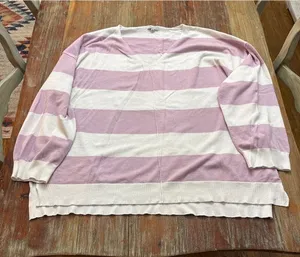 White Birch V Neck Striped Sweater White Lilac Purple 3X thumbnail 1