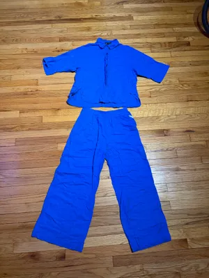 Zara Linen Matching set button shirt Coord wide pant drawstring lounge blue M thumbnail 3