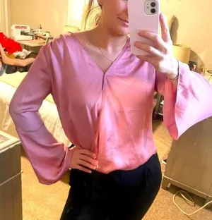 White House Black Market pink satin long sleeve blouse! thumbnail 1