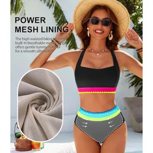 NWT Blooming Jelly High Waisted Bikini Set Tummy Control Neon Color Block Large thumbnail 4