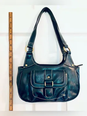 Navy Blue Shoulder Bag Purse Tote w/ Gold-Tone Accents: Faux Leather, Small thumbnail 7