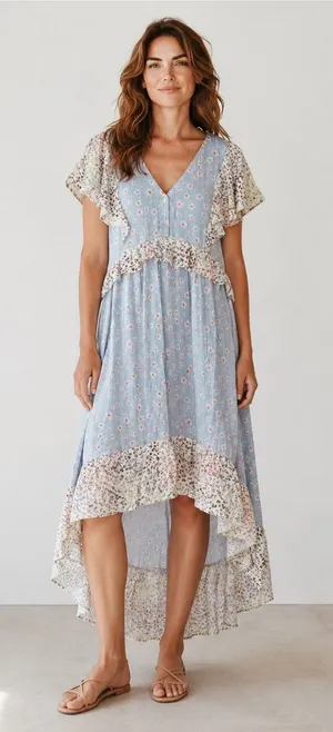 WONDERLY Floral Prairie Boho High Low Maxi Dress Size L NEW thumbnail 1