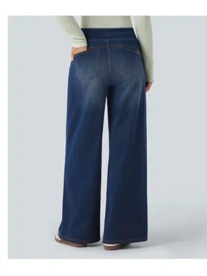 Halara L Denim Wide-Leg Pants Stretch Waist Large Blue Cotton Blend thumbnail 7