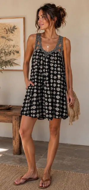 American‎ Eagle Boho Printed Swing Dress Cutout Back Mini Festival Small thumbnail 1