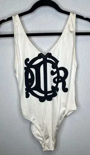 Christian Dior Vintage Logo One Piece Swimsuit Cream Black High Cut USA 34 Italy thumbnail 1