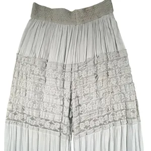 Made in Italy Lace Tiered Wide Leg Pants Womens M L Gray Boho Ruffle Crinkle thumbnail 3