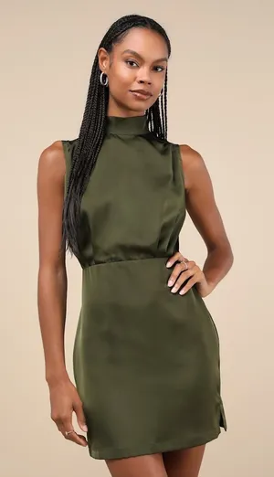 NWOT Lulus Classic Elegance Olive Satin Sleeveless Mock Neck Mini Dress Party M thumbnail 1