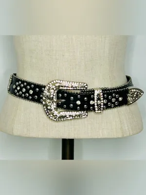 Western Black Leather Belt with Crystal Studded Rhinestones, Engraved Buckke thumbnail 4