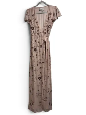 BHLDN Anthropologie Plymouth Floral Beaded Blush Maxi Wrap Dress | Size 4 thumbnail 3