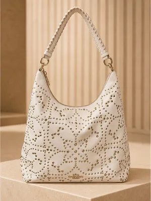 Coach Studded Leather Hobo Bag White Medium Shoulder Purse thumbnail 1