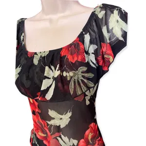 Pretty Little Floral Red Roses Black Sheer Bodysuit Ruffle cold shoulder women M thumbnail 2