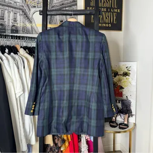 Lauren Ralph Lauren 10 Blue Green Tartan Plaid Linen Blazer Gold Crest Buttons thumbnail 6