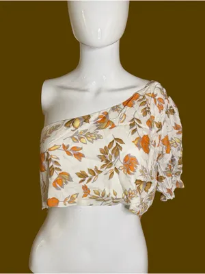 Petal & Pup One-Shoulder Floral Crop Top in Cream and Orange thumbnail 2