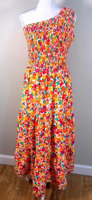 BTFBM‎ One Shoulder Maxi Dress Womens Medium Multicolor Excellent Floral Smocked thumbnail 1