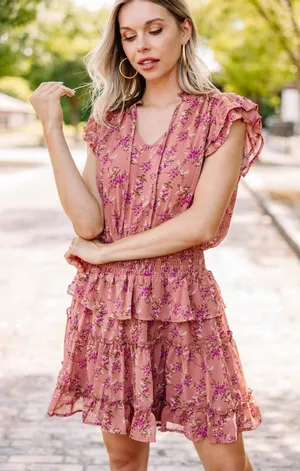 Entro Mauve Floral Smocked Mini Dress Tiered Cottage Boho Romantic Feminine thumbnail 1