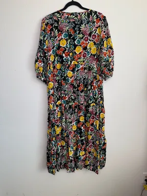 Natural Life Dress Sage V Neck Maxi Tiered Black floral Red Multi Yellow Accents thumbnail 6