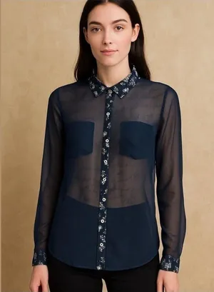 Abercrombie Fitch Women BLUE Chiffon Roll Tab Button Up Shirt Sheer Blouse Top M thumbnail 1