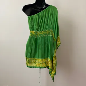 Fashion Terminal Cotton Boho Beachy Relaxed One Shoulder Kaftan Tunic Free Green thumbnail 5