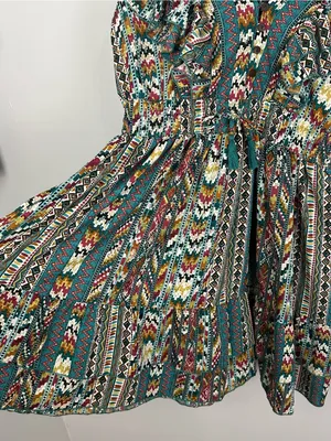 Boemo Ruffle Hem Mini Aztec Geometric Print Dress Flutter Sleeve Size Large NWT thumbnail 10