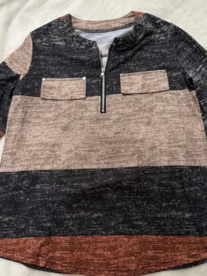Striped Half-Zip Sweater in Black, Tan and Rust - Casual Layering Top thumbnail 1