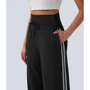 Halara Ribbed High Waisted Tummy Control Drawstring Wide Leg Trousers Black S thumbnail 3