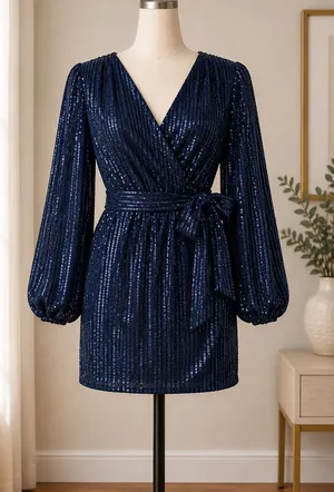 Navy Blue Sequin Wrap Dress Long Sleeve Tie Waist Cocktail Party Mini Dress thumbnail 1