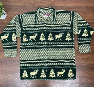 Vintage 90s Womens Fair Isle Moose Christmas Fleece Shirt Jacket Shacket Medium thumbnail 1