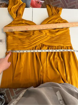 Azazie Lianne Butterscotch A-Line Off the Shoulder Stretch Satin Dress Size 16 thumbnail 7