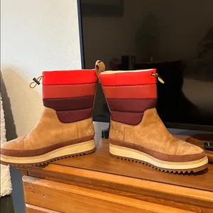 Toms Women's Suede and Quilted Colorblock Winter Boot - Tan & Red thumbnail 2