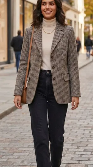 Zara Wool Blend Brown Houndstooth Knit Blazer Jacket Size XS thumbnail 1